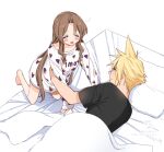  1boy 1girl aerith_gainsborough artist_name bangs barefoot bed_sheet black_shirt blonde_hair blush breasts brown_hair closed_eyes cloud_strife dated final_fantasy final_fantasy_vii final_fantasy_vii_remake full_body hair_down hand_on_another&#039;s_arm kneeling krudears leaning_forward long_hair long_sleeves looking_at_another lying medium_breasts no_pants on_bed on_side open_mouth parted_bangs pillow print_shirt shirt short_hair short_sleeves sidelocks smile spiked_hair t-shirt twitter_username under_covers upper_body wavy_hair web_address white_background white_shirt 