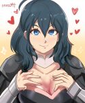  1girl absurdres armor artist_name bangs blue_eyes blue_hair bodice breasts bustier byleth_(fire_emblem) byleth_(fire_emblem)_(female) cleavage fire_emblem fire_emblem:_three_houses gauntlets hair_between_eyes heart highres karbuitt medium_hair shoulder_armor solo turtleneck twitter_username upper_body 