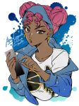  1girl absurdres animification apex_legends blue_headband blue_jacket brown_eyes cellphone collarbone copyright_name dark-skinned_female dark_skin double_bun earrings hair_behind_ear hair_bun head_tilt headband highres holding holding_phone jacket jewelry lifeline_(apex_legends) mozuwaka nose_piercing nose_ring off_shoulder phone piercing red_hair shirt smartphone solo twitter_username upper_body white_shirt 