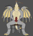  &lt;3 anthro bdsm blizzard_entertainment claws dracthyr dragon embarrassed erection exhaling_smoke genitals horn knot male penis restraints scalie sitting solo spreader_bar tevsu text video_games warcraft western_dragon whining wings 