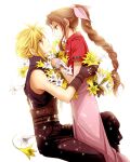  1boy 1girl aerith_gainsborough arms_around_back bangle bangs belt blonde_hair blue_eyes blue_shirt bracelet braid braided_ponytail brown_hair cloud_strife cowboy_shot cropped_jacket dress final_fantasy final_fantasy_vii final_fantasy_vii_remake flower gloves green_eyes hair_ribbon jacket jewelry long_dress long_hair looking_at_another multiple_belts parted_bangs parted_lips persia_(blue-sky) pink_dress pink_ribbon red_jacket ribbon shirt short_hair short_sleeves sleeveless sleeveless_turtleneck smile spiked_hair suspenders teeth turtleneck white_background white_flower yellow_flower 