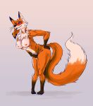  anthro aroused_smile blush bodily_fluids breasts canid canine female fingering fox fox_tail genital_fluids hi_res mammal nipples pubes pussy_juice red_fox solo solo_focus vaginal vaginal_fingering 