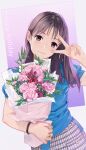  1girl blue_shirt bouquet brown_eyes brown_hair closed_mouth english_text hand_up highres holding holding_bouquet jewelry long_hair looking_at_viewer original ring shirt short_sleeves solo upper_body v yijian_ma 