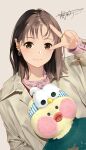  1girl brown_eyes brown_hair closed_mouth dated hand_up highres holding holding_stuffed_toy jewelry long_sleeves looking_at_viewer original ring signature solo stuffed_animal stuffed_duck stuffed_toy v yijian_ma 