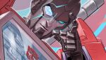  autobot blue_eyes english_commentary hand_on_own_face head_tilt light_smile looking_at_viewer mecha perceptor_(transformers) portrait pretentiousfork robot science_fiction scouter solo transformers 