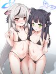  2girls :q animal_ear_fluff animal_ears bare_arms bare_shoulders bikini black_bikini black_hair blue_archive blush breasts brown_eyes closed_mouth collarbone commentary_request covered_nipples green_eyes grey_hair groin halo hand_up highres kokona_(blue_archive) long_hair micro_bikini multicolored_hair multiple_girls navel parted_lips rumiya9i shadow shun_(blue_archive) shun_(small)_(blue_archive) small_breasts smile streaked_hair sweat swimsuit tongue tongue_out very_long_hair wavy_mouth white_background 