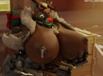  alternate_costume antlers areola bell big_breasts blizzard_entertainment bodily_fluids breast_grab breasts dark_areola dark_body dark_nipples female glowing glowing_nose hand_on_breast hi_res horn huge_breasts lactating machine milk omnic orisa_(overwatch) overwatch reindeer_orisa_(overwatch) reptilligator robot solo taur video_games 