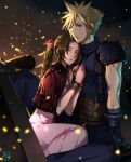  1boy 1girl aerith_gainsborough aqua_eyes armor baggy_pants bandaged_arm bandages bangle bangs belt blonde_hair blue_pants blue_shirt blush bracelet braid braided_ponytail breasts brown_hair buster_sword cleavage closed_eyes cloud_strife cropped_jacket dress earrings embers final_fantasy final_fantasy_vii final_fantasy_vii_remake gloves hair_ribbon halu-ca highres holding holding_sword holding_weapon jacket jacket_on_shoulders jewelry long_dress long_hair medium_breasts multiple_belts outdoors own_hands_together pants parted_bangs parted_lips pink_dress pink_ribbon red_jacket ribbon shirt short_hair short_sleeves shoulder_armor sidelocks signature single_earring sitting sleeping sleeveless sleeveless_shirt spiked_hair suspenders sword weapon 