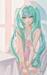  16ea 1girl :d arm_support bangs bare_arms bare_shoulders breasts cleavage collarbone commentary_request dress food_print green_eyes green_hair hair_between_eyes hatsune_miku highres jewelry long_hair looking_at_viewer medium_breasts necklace pearl_necklace pink_dress print_dress sleeveless sleeveless_dress smile solo strawberry_print teeth twintails upper_teeth very_long_hair vocaloid 