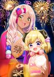  2girls absurdres aged_down bangs blonde_hair blue_flower bow braid brown_eyes dark-skinned_female dark_skin fireworks flower hair_bow hair_ornament hairclip highres holding_fireworks hololive hololive_english horns japanese_clothes kimono limiter_(tsukumo_sana) looking_at_viewer multiple_girls open_mouth parted_bangs pink_bow pink_flower pink_hair pink_kimono ponytail purple_eyes shoko_tenko smile sparkler tsukumo_sana tsunomaki_watame virtual_youtuber yellow_kimono 