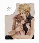  1boy 1girl artist_name bangs bare_arms blonde_hair braid braided_ponytail brown_background brown_hair choker closed_mouth comforting crying dress earrings english_text final_fantasy final_fantasy_vii final_fantasy_vii_remake green_eyes grey_pants grey_shirt hair_ribbon hand_on_another&#039;s_chest hand_on_another&#039;s_shoulder highres hug jewelry long_hair pants parted_bangs parted_lips pink_dress pink_ribbon ribbon shirt short_hair single_earring sleeveless sleeveless_dress sleeveless_turtleneck speech_bubble spiked_hair talking tea turtleneck upper_body yco_030601 