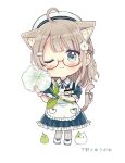  &gt;_&lt; 1girl ;3 ahoge animal animal_ear_fluff animal_ears apron beret blue_dress blue_eyes blush bow braid brown_hair cat cat_ears cat_girl cat_tail character_request chibi closed_eyes closed_mouth collared_dress dress flower frilled_apron frilled_dress frills full_body glasses grey_pantyhose hair_ornament hairclip hat head_tilt highres holding holding_flower long_hair maid_apron one_eye_closed pantyhose puffy_short_sleeves puffy_sleeves red-framed_eyewear sakura_oriko semi-rimless_eyewear shoes short_sleeves simple_background solo standing striped striped_pantyhose tail translation_request under-rim_eyewear utsunomiya-sen_meguri vertical-striped_pantyhose vertical_stripes white_apron white_background white_bow white_flower white_footwear white_headwear 