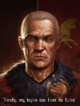  1boy caesar_(fallout_new_vegas) deimos_art english_text fallout_(series) fallout_new_vegas flag_background fur-trimmed_collar highres male_focus non-web_source old old_man red_background red_shirt shirt short_hair solo white_hair 