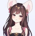  1girl ahri_(ari_30305) animal_ears bare_shoulders black_dress blush bow brown_eyes brown_hair closed_mouth collarbone dress grey_background long_hair looking_at_viewer original pink_bow simple_background sleeveless sleeveless_dress solo upper_body 