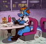  anthro blue_body blue_scales cellphone chair clothing diner eyewear eyewear_on_head furniture goggles goggles_on_head hi_res inside kobold leotard looking_at_viewer male phone plate risky_(stalvelle) scales scalie sitting solo stalvelle table window 