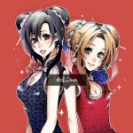  2girls aerith_gainsborough alternate_costume animal_print bangs bare_arms black_dress black_hair blue_flower blue_rose blush breasts brown_hair china_dress chinese_clothes cleavage cleavage_cutout clothing_cutout double_bun dress final_fantasy final_fantasy_vii final_fantasy_vii_remake flower green_eyes hair_between_eyes hair_bun hair_ornament highres large_breasts leopard_print looking_at_viewer multiple_girls official_alternate_costume parted_bangs parted_lips red_background red_dress red_eyes red_flower red_rose rose short_sleeves sidelocks small_breasts smile sparkle tassel tassel_hair_ornament tifa_lockhart upper_body yco_030601 