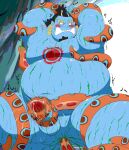  2022 anal anal_penetration anthro aosano_tenpura belly big_belly blue_body blush bodily_fluids fish-men_(one_piece) hi_res jinbe kemono male marine moobs nipples one_piece overweight overweight_male penetration solo sweat tentacle_penetration tentacles 