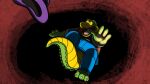  3_toes 4_fingers absurd_res alligator alligatorid bottomwear brok_(character) brok_the_investigator clothing cowcatgames crocodilian falling feet fingers green_body hat headgear headwear hi_res humanoid_hands official_art pants reptile scalie scared shirt slightly_chubby solo toes topwear video_games 