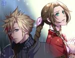  1boy 1girl aerith_gainsborough armor bangle bangs blonde_hair blood blood_on_face blue_eyes blue_shirt bracelet braid braided_ponytail choker cloud_strife crisis_core_final_fantasy_vii dress final_fantasy final_fantasy_vii green_eyes hair_between_eyes hair_ribbon halu-ca highres jacket jewelry long_hair looking_ahead looking_up own_hands_clasped own_hands_together parted_bangs parted_lips pink_dress pink_ribbon rain red_jacket ribbon shirt short_hair shoulder_armor sidelocks signature spiked_hair suspenders turtleneck upper_body wet 