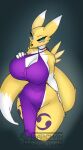  anthro armwear bandai_namco big_breasts black_sclera blue_eyes breasts canid canine clothed clothing digimon digimon_(species) digital_media_(artwork) dipstick_tail dress female fur huge_breasts mammal maned_kitsune markings renamon solo tail_markings white_body white_fur yellow_body yellow_fur 