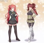  2girls absurdres armored_boots boots commission cosplay costume_switch crossed_arms crossover fingerless_gloves fire_emblem fire_emblem_awakening gloves hair_tie hand_on_hip highres kujikawa_rise multiple_girls patdarux persona persona_4 red_hair school_uniform severa_(fire_emblem) simple_background skirt smile thighhighs tsundere twintails 