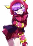  1girl :q courtney_(pokemon) gloves grabbing_own_arm highres hood hood_up hoodie horns insignia leaning_forward looking_at_viewer pokemon pokemon_(game) pokemon_oras purple_eyes purple_hair red_gloves red_hoodie red_sweater ribbed_sweater short_hair sweater team_magma team_magma_uniform thighs tonayon tongue tongue_out wrist_cuffs 