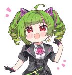  1girl :3 :d ahoge animal_ears ascot black_gloves black_jacket black_skirt blush blush_stickers cat_ears collared_shirt commentary cowboy_shot delutaya drill_hair earrings fang furrowed_brow gloves green_hair hair_ornament hairclip hand_up highres indie_virtual_youtuber jacket jewelry kukie-nyan looking_at_viewer multicolored_hair notice_lines pink_ascot pink_hair red_eyes shirt short_sleeves sidelocks simple_background skirt smile solo streaked_hair twin_drills virtual_youtuber white_background white_shirt 