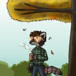  anthro autumn beverage brown_hair clothed clothing digital_media_(artwork) ear_piercing eyewear eyewear_on_head fully_clothed hair holding_beverage holding_object male mammal nature nature_background outside piercing pinkkobold procyonid raccoon solo standing sunglasses sunglasses_on_face sweater topwear 