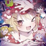  4girls blonde_hair blue_hair breasts brown_eyes brown_hair flandre_scarlet hakurei_reimu hat internet_survivor kirisame_marisa medium_breasts mob_cap multiple_girls one_eye_closed open_mouth polka_dot_headwear red_eyes red_headwear remilia_scarlet rokuya_(68_zusao) touhou yukkuri_shiteitte_ne 