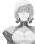  1girl absurdres ahoge artoria_pendragon_(fate) breasts cleavage cleavage_cutout clothing_cutout fate/stay_night fate_(series) greyscale highres juliet_sleeves large_breasts long_sleeves monochrome puffy_sleeves saber smile solo upper_body xyanaid 