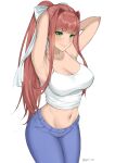  1girl absurdres armpits arms_behind_head arms_up bangs blush bow breasts brown_hair byeon cleavage commentary crop_top denim doki_doki_literature_club english_commentary green_eyes highres jeans large_breasts lipstick makeup midriff monika_(doki_doki_literature_club) navel pants ponytail shirt simple_background solo stomach twitter_username white_background white_bow white_shirt 