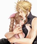  1boy 1girl artist_name bangs bare_arms blonde_hair braid braided_ponytail brown_hair choker closed_mouth comforting crying dress earrings final_fantasy final_fantasy_vii final_fantasy_vii_remake green_eyes grey_pants grey_shirt hair_ribbon hand_on_another&#039;s_chest hand_on_another&#039;s_shoulder highres hug jewelry long_hair pants parted_bangs parted_lips pink_dress pink_ribbon ribbon shirt short_hair single_earring sleeveless sleeveless_dress sleeveless_turtleneck spiked_hair talking tea turtleneck upper_body white_background yco_030601 