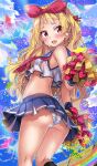  1girl ass azur_lane blonde_hair blush cheerleader commentary_request commission confetti fang jenkins_(azur_lane) long_hair looking_at_viewer macaroni_hourensou panties pom_pom_(cheerleading) red_eyes skeb_commission sky solo sweat translation_request underwear 