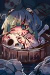  1girl blood blood_on_face bucket commentary_request green_eyes green_hair hair_bobbles hair_ornament highres in_bucket in_container kisume long_sleeves mame_komari nosebleed one-hour_drawing_challenge one_eye_closed shirt skull smile solo touhou white_shirt wooden_bucket 