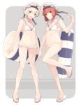  2girls bare_arms bare_legs bare_shoulders bikini blue_eyes blush brown_eyes brown_hair clothes_writing flat_chest full_body groin hair_between_eyes hat innertube kantai_collection looking_at_viewer multiple_girls navel open_mouth sailor_bikini sailor_collar sailor_hat sandals shakemi_(sake_mgmgmg) short_hair smile standing standing_on_one_leg swimsuit white_bikini white_hair white_headwear white_sailor_collar z1_leberecht_maass_(kancolle) z3_max_schultz_(kancolle) 