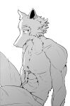 abs absurd_res anthro beastars canid canine canis clothed clothing furry_bb greyscale hi_res legoshi_(beastars) male mammal monochrome muscular muscular_male pecs solo topless wolf 