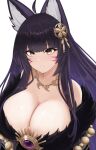  1girl animal_ears azur_lane bangs bare_shoulders breasts cleavage facial_mark fox_ears fox_girl fur_trim hair_ornament highres jewelry large_breasts long_hair looking_at_viewer musashi_(azur_lane) necklace off_shoulder parted_lips purple_hair simple_background solo upper_body vik_(xypt7474) white_background yellow_eyes 