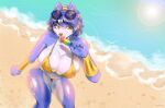  anthro areola armwear blue_hair breasts canid canine clothing digital_media_(artwork) felicer female fox hair hi_res inner_ear_fluff jewelry krystal licking looking_at_viewer mammal nintendo nipples outside sea solo star_fox swimwear tongue tongue_out tuft video_games water 