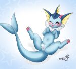  blue_body blue_eyes blush cute_expression eeveelution eyewear female feral generation_1_pokemon genitals glasses hi_res nennachan nintendo one_eye_closed pokemon pokemon_(species) pussy simple_background solo spread_legs spreading vaporeon video_games 