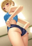  1girl adjusting_clothes annette_koenig ass bangs black_shorts blonde_hair blue_sports_bra blush breasts from_behind from_below god_eater highres indoors looking_at_viewer medium_breasts panties panty_peek red_eyes short_hair shorts smile solo sports_bra standing striped striped_panties swept_bangs underwear watanuki_kaname 