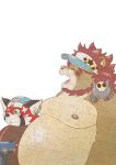  2022 ailurid anthro belly big_belly blush bodily_fluids brown_body clothing crying duo eyes_closed felid group hat headgear headwear hi_res kemono kusarikakemono lifewonders lion male mammal moobs nipples overweight overweight_male pantherine red_body red_panda sad simple_background tears tokyo_afterschool_summoners vapula_(tas) video_games zhurong_(tas) 