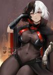  1girl absurdres armored_gloves artist_name asymmetrical_gloves azur_lane black_cape black_hair bodystocking breasts bruenhilde_(azur_lane) cape covered_navel cross hair_between_eyes high_collar highres iron_cross large_breasts multicolored_hair red_eyes short_hair split-color_hair tini two-tone_hair watermark white_hair 