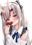  1girl bare_shoulders blue_ribbon blush candy chocolate closed_mouth clothing_cutout collared_shirt food frilled_shirt frilled_shirt_collar frills grey_hair hair_ribbon heart heart-shaped_chocolate highres hololive horns long_hair long_sleeves looking_at_viewer multicolored_hair nakiri_ayame neck_ribbon oni oni_horns red_eyes red_hair ribbon shiro_hebi_rei shirt shoulder_cutout skin-covered_horns smile solo streaked_hair suspenders valentine virtual_youtuber white_shirt 