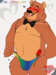  absurd_res anthro barazoku bearnard_(wolf_love) blush blush_lines blushing_profusely bow_tie bulge chest_tuft clothing eyes_closed five_nights_at_freddy&#039;s five_nights_at_freddy&#039;s_2 flower happy hi_res himbo jockstrap lgbt_pride logo male mammal multicolored_clothing muscular plant pride_colors rainbow_clothing riley_morningstar rose_(flower) scottgames slightly_chubby solo speedo stripper swimwear tight_clothing tongue tongue_out toy_freddy_(fnaf) tuft underwear ursid ursine video_games watermark 