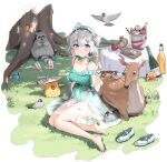  1girl ahoge apple azur_lane bare_shoulders barefoot bird blue_hair blush bottle bucket character_name chick closed_mouth collarbone copyright_name cup deer dot_nose dress expressions flower food fruit gloves green_dress grey_hair hair_flower hair_ornament hairband highres holding holding_tray kanzarin looking_at_viewer manjuu_(azur_lane) official_alternate_costume official_art rabbit raccoon see-through shoes shoes_removed soda_bottle solo squirrel transparent_background tray tree white_gloves wine_bottle z28_(azur_lane) z28_(sylvan_celebration)_(azur_lane) 