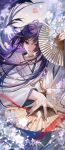  1boy ahoge bangs chinese_commentary commentary eyelashes fingernails genshin_impact hand_fan highres holding holding_fan japanese_clothes kimono long_hair long_sleeves looking_at_viewer parted_lips purple_eyes purple_hair red_eyeliner rope scaramouche_(genshin_impact) short_hair_with_long_locks solo white_kimono wide_sleeves yin01582942 