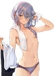  1girl armpit_crease blue_eyes blush breasts clothes_removed commentary_request cowboy_shot dated eyes_visible_through_hair fujisaki_(saikin_yatotta_maid_ga_ayashii) grey_hair hair_between_eyes hair_censor hair_over_breasts hair_over_one_breast holding holding_clothes konbu_wakame long_hair looking_at_viewer navel official_art panties pants pants_removed parted_lips purple_panties revision saikin_yatotta_maid_ga_ayashii shiny shiny_hair shirt_removed sideboob simple_background small_breasts solo teeth toned topless towel towel_around_neck twitter_username underwear underwear_only wet white_background 