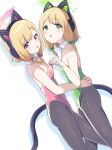  2girls :o alternate_costume bangs black_pantyhose blonde_hair blue_archive blush breasts cat_ear_headphones detached_collar green_eyes green_leotard headphones leotard leotard_pull looking_at_viewer marudeningen midori_(blue_archive) momoi_(blue_archive) multiple_girls pantyhose parted_lips pink_leotard playboy_bunny red_eyes short_hair siblings simple_background sisters small_breasts tail twins white_background 