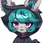  1girl absurdres animal_ear_fluff bangs beseunaj-jamjaneun_gemdol-i black_hoodie blush d: ears_through_headwear green_hair grey_background highres hood hood_up hoodie league_of_legends looking_at_viewer pink_eyes portrait shiny shiny_hair short_hair simple_background slit_pupils solo vex_(league_of_legends) yordle 