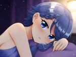  1girl bangs bare_shoulders blue_eyes blue_hair blush braid braided_bangs breasts commentary highres indoors lamp looking_at_viewer lying medium_breasts medium_hair parted_bangs pillow project_gen2 shiraha_maru sideboob solo tsubasa_aiba virtual_youtuber 